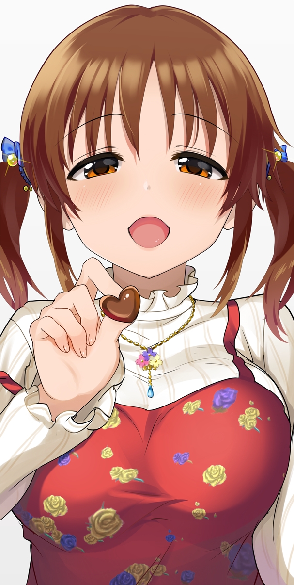 1girl blush breasts chocolate chocolate_heart eyebrows_visible_through_hair feeding heart highres idolmaster idolmaster_cinderella_girls idolmaster_cinderella_girls_starlight_stage jewelry large_breasts long_sleeves looking_at_viewer natsuya necklace open_mouth short_hair short_twintails smile solo sweater totoki_airi turtleneck turtleneck_sweater twintails upper_body white_sweater