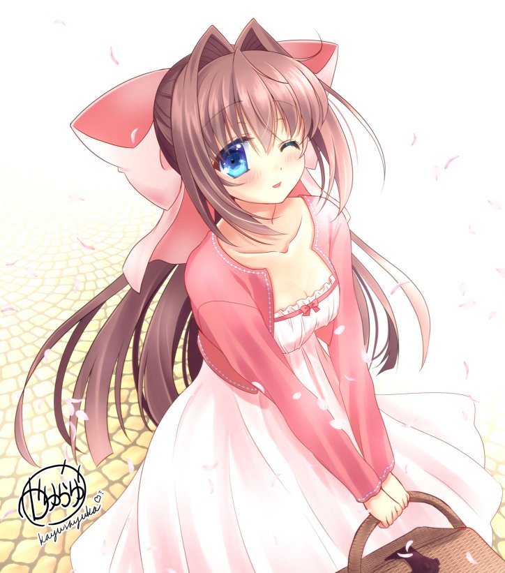 1girl artist_name asakura_otome bangs basket blue_eyes blush bow breasts brown_hair cherry_blossoms collarbone commentary_request da_capo da_capo_ii dress eyebrows_visible_through_hair hair_between_eyes hair_bow holding holding_basket jacket kayura_yuka large_bow long_hair long_sleeves looking_at_viewer medium_breasts one_eye_closed open_mouth outdoors pink_bow pink_dress pink_jacket sidelocks signature smile solo strapless strapless_dress
