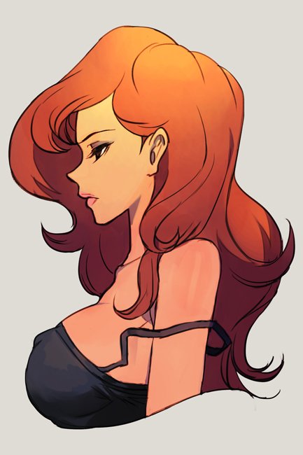 1girl bare_shoulders black_eyes breasts brown_hair cropped_torso erect_nipples eyeshadow grey_background hankuri large_breasts long_hair lupin_iii makeup mine_fujiko no_bra profile sad simple_background solo strap_slip upper_body