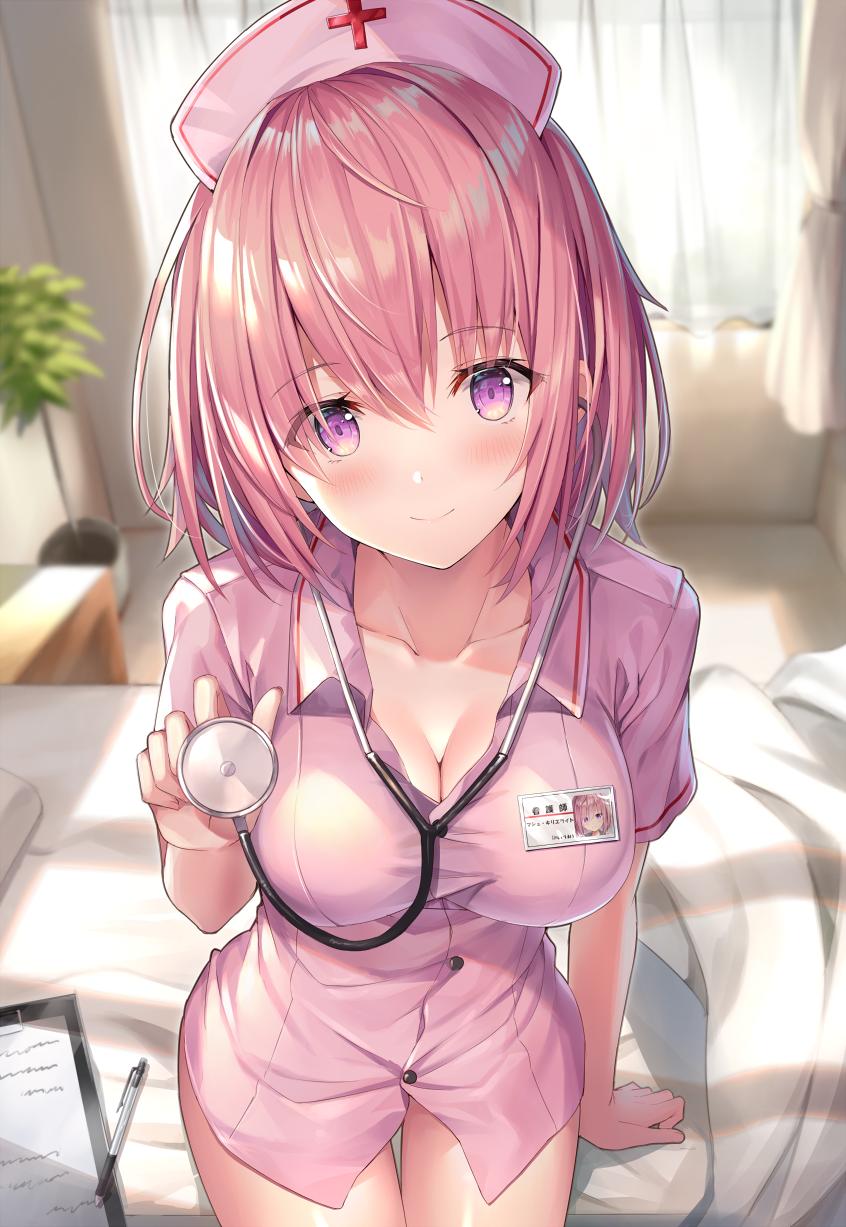 1girl bangs bed blush breasts cleavage clipboard closed_mouth collared_dress curtains day dress eyebrows_visible_through_hair fate/grand_order fate_(series) hat head_tilt highres holding_stethoscope indoors large_breasts looking_at_viewer mash_kyrielight medium_breasts nurse nurse_cap pen pink_dress pink_hair plant potted_plant rin_yuu short_hair sidelocks sitting smile solo stethoscope violet_eyes window
