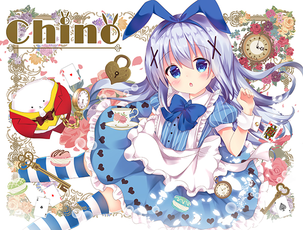 1girl alice_(wonderland) alice_(wonderland)_(cosplay) alice_in_wonderland animal apron bangs blue_bow blue_eyes blue_hair blue_hairband blue_ribbon blue_shirt blue_skirt blush bow card chestnut_mouth clothed_animal club_(shape) collared_shirt commentary_request cosplay diamond_(shape) dress_shirt eyebrows_visible_through_hair flower frilled_apron frilled_skirt frills gochuumon_wa_usagi_desu_ka? hair_between_eyes hair_ornament hair_ribbon hairband hand_up heart jacket kafuu_chino key keyhole lock long_hair looking_at_viewer padlock parted_lips playing_card pocket_watch puffy_short_sleeves puffy_sleeves red_flower red_jacket red_rose ribbon rikatan rose shirt short_sleeves sitting skirt spade_(shape) striped striped_legwear striped_shirt thigh-highs tippy_(gochiusa) vertical-striped_shirt vertical_stripes very_long_hair watch white_apron wrist_cuffs x_hair_ornament