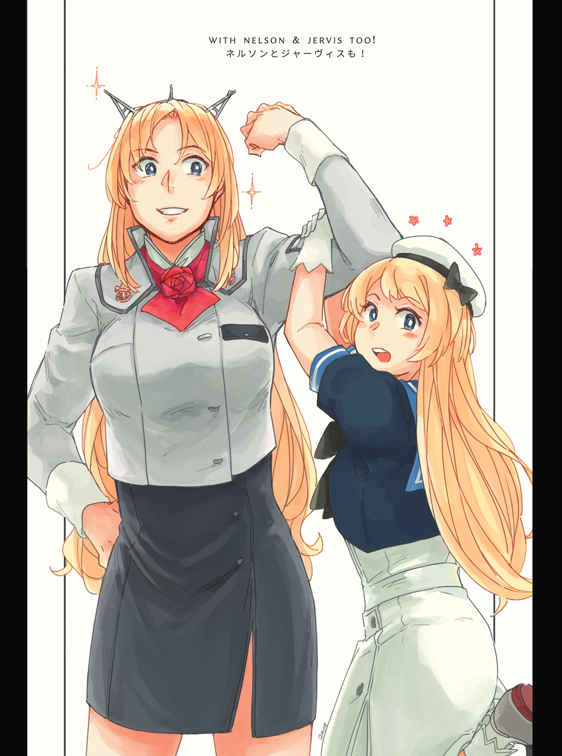 2019 2girls arm_hug arm_up bangs black_bow black_neckwear black_ribbon black_skirt blonde_hair blue_eyes blue_sailor_collar blush bow breast_pocket breasts buttons dress english_text eyebrows_visible_through_hair flower gloves grey_jacket grin hair_over_shoulder hair_ribbon hand_on_hip hat headgear jacket jervis_(kantai_collection) kantai_collection leg_up long_hair long_sleeves looking_at_viewer military_jacket multiple_girls nelson_(kantai_collection) open_mouth pocket red_flower red_neckwear red_rose ribbon rose round_teeth rudder_footwear sailor_collar sailor_dress sailor_hat shoes simple_background skirt smile teeth translation_request weidashming white_background white_gloves