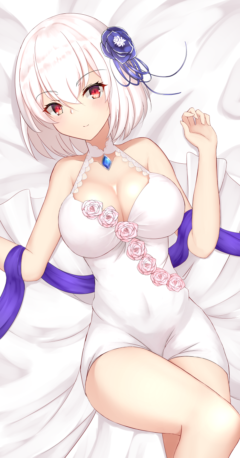 1girl alternate_costume arms_up azur_lane bare_arms bare_shoulders blue_flower blue_ribbon blush breasts choker cleavage covered_navel dress eyebrows_visible_through_hair flower hair_between_eyes hair_flower hair_ornament halter_dress highres large_breasts legs_crossed looking_at_viewer lying nankaichimu on_back pink_flower pink_rose red_eyes ribbon rose sapphire_(gemstone) short_hair sirius_(azur_lane) smile solo tareme white_dress white_hair