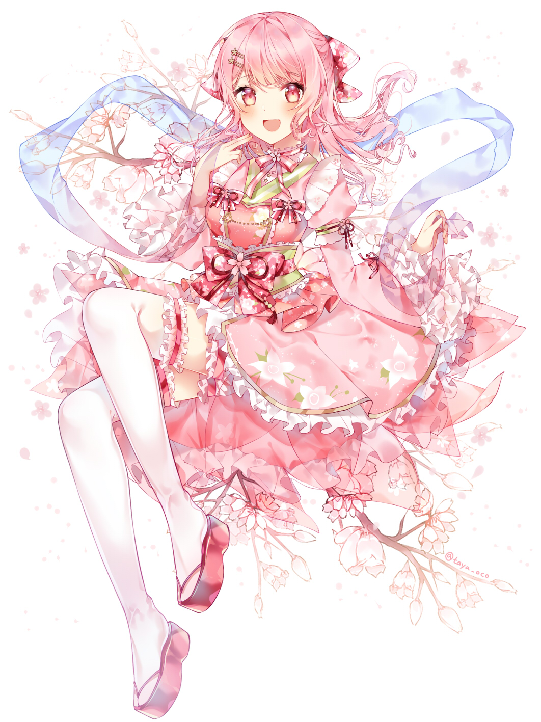 1girl :d bang_dream! bangs blush bow breasts commentary dress eyebrows_visible_through_hair floral_print flower frilled_dress frilled_legwear frilled_sleeves frills full_body hagoromo hair_between_eyes hair_bow hair_ornament hairclip hand_up highres long_sleeves looking_at_viewer maruyama_aya medium_breasts obi open_mouth pink_dress pink_flower pink_hair platform_footwear pleated_skirt print_dress red_bow red_eyes red_footwear sash shawl sidelocks skirt smile solo symbol_commentary taya_5323203 thigh-highs tree_branch twitter_username white_background white_legwear white_skirt wide_sleeves