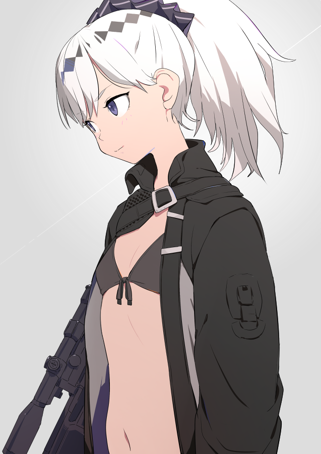 1girl bangs bikini black_bikini_top black_jacket black_ribbon blush commentary eyebrows_visible_through_hair front-tie_bikini front-tie_top girls_frontline grey_background gun h&amp;k_psg1 hair_ribbon high_ponytail jacket long_hair looking_away navel open_clothes open_jacket ponytail psg-1_(girls_frontline) ribbon rifle simple_background sniper_rifle sohin solo swimsuit upper_body violet_eyes weapon white_hair