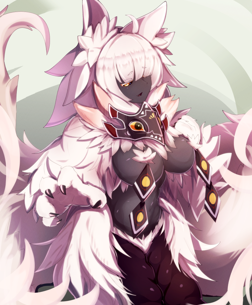 1girl ahoge alder animal_ears bangs black_sclera black_skin blunt_bangs breasts bunyip_(monster_girl_encyclopedia) claws commentary eyebrows_visible_through_hair fluffy fur lamia large_breasts looking_at_viewer mask monster_girl monster_girl_encyclopedia open_mouth outstretched_hand paws solo white_fur white_hair yellow_eyes