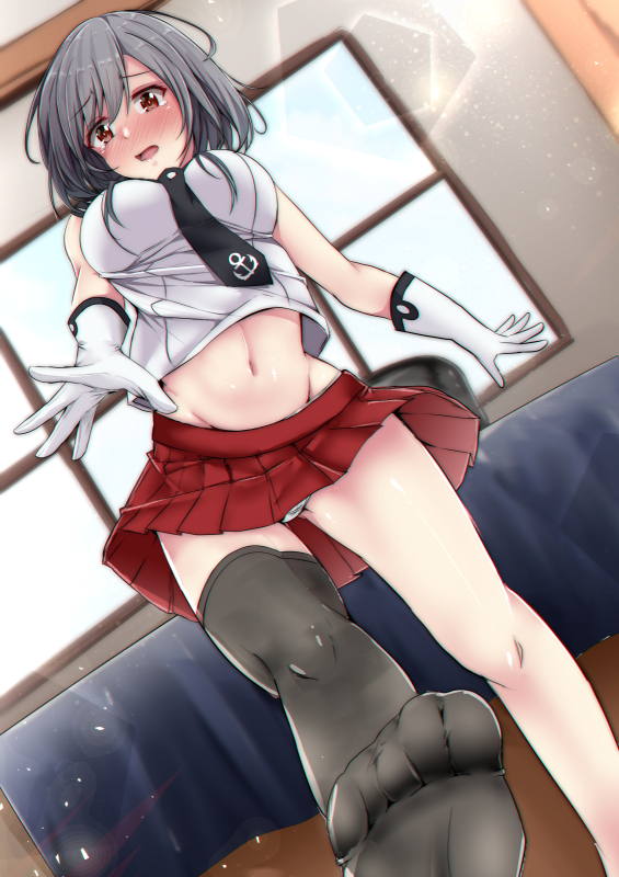 1girl agano_(kantai_collection) agano_(kantai_collection)_(cosplay) alternate_costume asymmetrical_legwear belt blush breasts cosplay eyebrows_visible_through_hair full-face_blush gloves hair_between_eyes hair_ornament kantai_collection large_breasts looking_at_viewer looking_down miniskirt navel necktie open_mouth panties pantyshot pleated_skirt red_eyes red_skirt sailor_collar school_uniform shohei_(piranha5hk) short_hair single_thighhigh skirt sleeveless solo thigh-highs underwear white_panties window yamashiro_(kantai_collection)