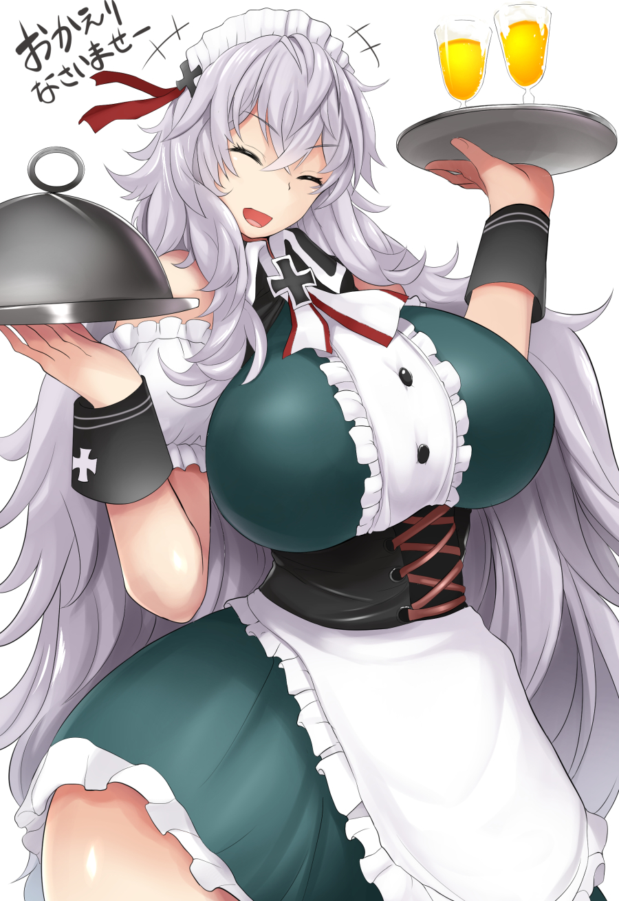 alternate_costume apron azur_lane bangs breasts closed_eyes crossed_bangs eyebrows_visible_through_hair frills graf_zeppelin_(azur_lane) hair_between_eyes highres iron_cross large_breasts maid maid_apron maid_headdress mizuyan puffy_sleeves silver_hair smile translation_request waist_apron wrist_cuffs