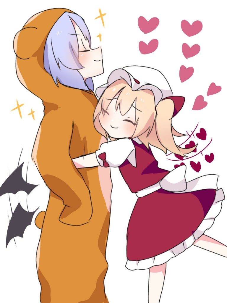 2girls ^_^ animal_costume animal_ears animal_hood bangs bat_wings bear_costume bear_ears bear_hood black_wings blonde_hair blue_hair blush bow closed_eyes closed_eyes closed_mouth eringi_(rmrafrn) eyebrows_visible_through_hair fake_animal_ears flandre_scarlet flapping frilled_skirt frills hair_between_eyes hat hat_bow heart hood hood_up hug low_wings mob_cap multiple_girls one_side_up puffy_short_sleeves puffy_sleeves red_bow red_skirt red_vest remilia_scarlet shirt short_sleeves siblings simple_background sisters skirt smile sparkle touhou vest white_background white_headwear white_shirt wings