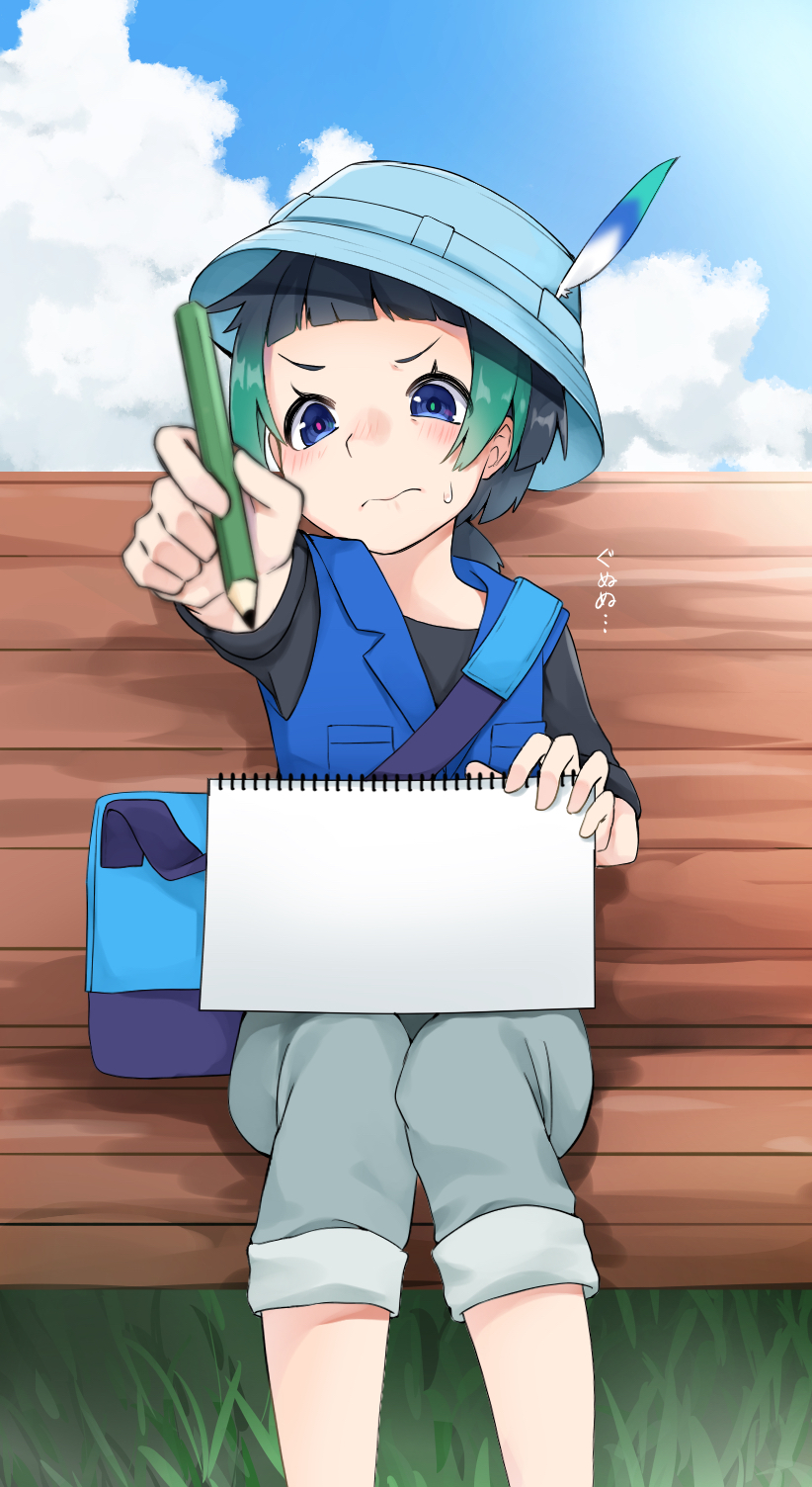 1girl bag bangs bench black_hair blue_eyes blush bucket_hat commentary_request drawing full_body grass green_hair hat hat_feather highres isobee kemono_friends kyururu_(kemono_friends) messenger_bag pencil shirt short_hair short_sleeves shorts shoulder_bag sitting sketchbook solo sweatdrop t-shirt vest wavy_mouth