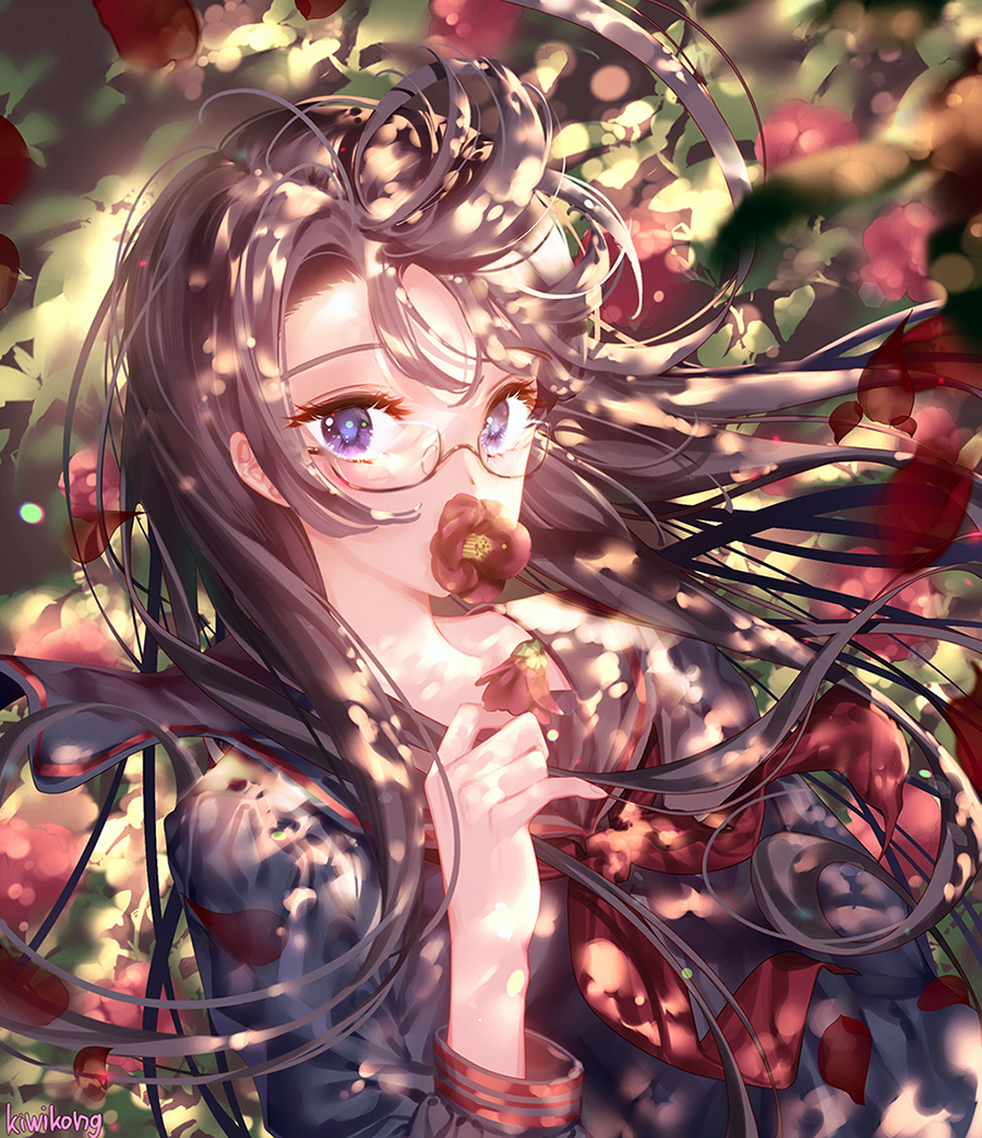 1girl artist_name bangs black_hair black_sailor_collar black_serafuku black_shirt blue_eyes blurry blurry_foreground camellia covering_mouth depth_of_field eyelashes floating_hair flower flower_in_mouth glasses hand_up holding holding_flower kiwikong leaf long_hair long_sleeves looking_at_viewer mouth_hold nature neckerchief original petals red_flower red_neckwear sailor_collar school_uniform semi-rimless_eyewear serafuku shirt sidelocks solo tree_shade under-rim_eyewear upper_body