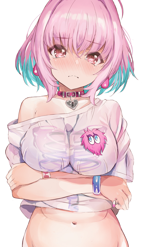 1girl ahoge bangs blue_hair blush bracelet breasts collar collarbone crossed_arms eyebrows_visible_through_hair hair_intakes heart heart-shaped_lock idolmaster idolmaster_cinderella_girls jewelry large_breasts looking_at_viewer multicolored_hair navel pill_earrings pink_collar pink_eyes pink_hair print_shirt ring shirt short_hair short_sleeves simple_background skeleton_print solo t-shirt tears tetsujin_momoko two-tone_hair upper_body white_background white_shirt yumemi_riamu