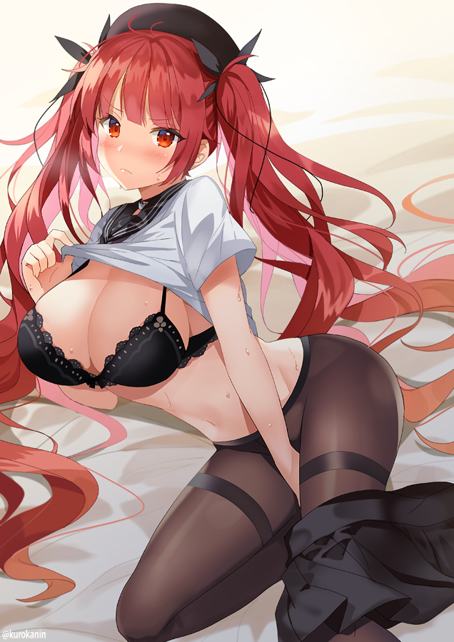 1girl azur_lane between_legs black_bra blush bra breasts choker cleavage commentary_request hair_ribbon hand_between_legs hat honolulu_(azur_lane) kurot large_breasts lifted_by_self long_hair lying no_panties pantyhose red_eyes redhead ribbon school_uniform serafuku shirt_lift short_sleeves skirt skirt_around_one_leg solo sweat thighband_pantyhose twintails underwear very_long_hair