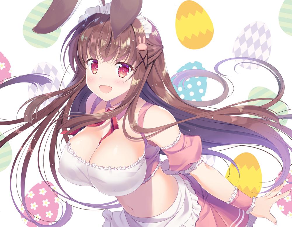 1girl :d animal_ears apron bare_shoulders blush breasts brown_hair bunny_hair_ornament cleavage collarbone commentary_request crop_top detached_collar detached_sleeves erect_nipples floating_hair frilled_cuffs frilled_skirt frills hair_ornament half_updo large_breasts long_hair looking_at_viewer maid maid_apron maid_headdress midriff miniskirt naruse_mamoru navel neck_ribbon open_mouth original pink_skirt puffy_short_sleeves puffy_sleeves rabbit_ears red_eyes red_neckwear ribbon short_sleeves sidelocks skirt smile solo stomach upper_body very_long_hair waist_apron wrist_cuffs x_hair_ornament