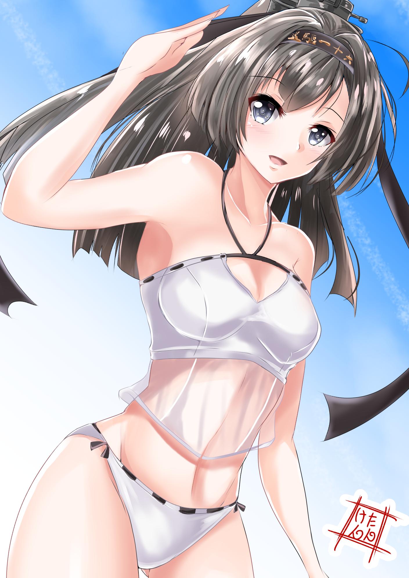 1girl ahoge akizuki_(kantai_collection) artist_logo bikini black_hair blue_sky breasts cleavage clothes_writing clouds commentary_request cowboy_shot gradient_hair grey_eyes hachimaki headband highres kantai_collection kentan_(kingtaiki) looking_at_viewer medium_breasts multicolored_hair open_mouth ponytail sky smile solo swimsuit tank_top white_bikini