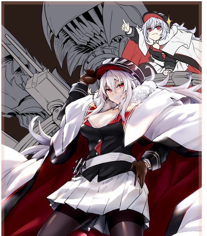 2girls azur_lane bangs black_headwear black_legwear breasts brown_gloves cleavage coat eyebrows_visible_through_hair fur-trimmed_coat fur_trim gloves graf_zeppelin_(azur_lane) grin hair_between_eyes hat iron_cross large_breasts lefthand long_hair long_sleeves looking_at_viewer military military_hat military_uniform multiple_girls pantyhose peaked_cap pleated_skirt pointing pout red_eyes rigging sidelocks silver_hair skirt smile teeth uniform very_long_hair white_skirt zeppelin-chan_(azur_lane)