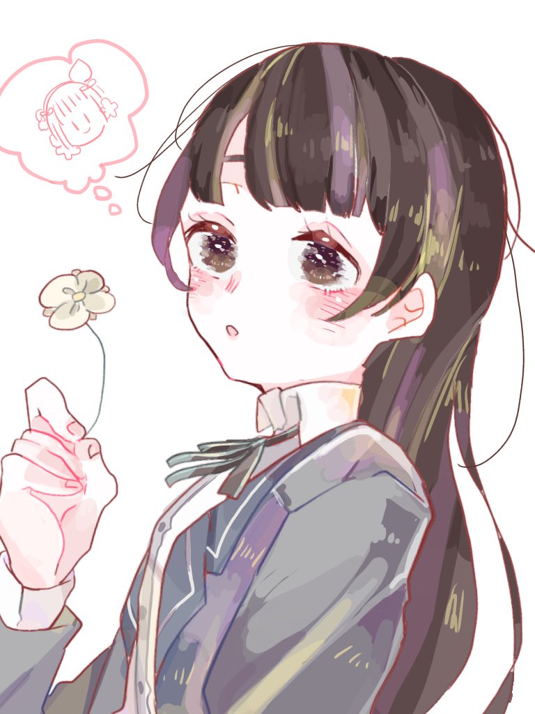 1girl bangs black_hair black_jacket blazer blush collared_shirt copyright_request flower hanataro_(sruvhqkehy1zied) holding holding_flower jacket long_hair long_sleeves parted_lips shirt simple_background solo thought_bubble upper_body white_background white_flower white_shirt