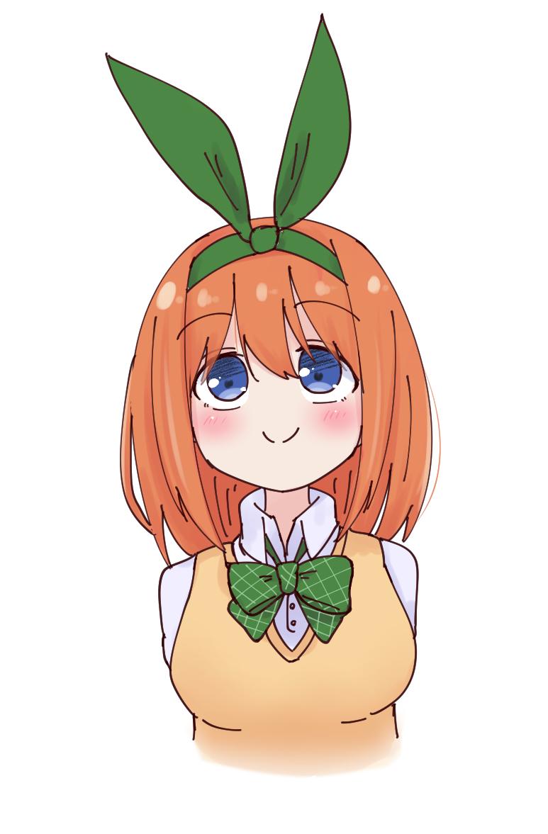 1girl arms_between_legs bangs blue_eyes blush bow breasts closed_mouth collared_shirt commentary_request cropped_torso dress_shirt eyebrows_visible_through_hair go-toubun_no_hanayome green_bow green_hairband green_ribbon hair_between_eyes hair_ribbon hairband kujou_karasuma looking_away looking_up medium_breasts nakano_yotsuba orange_hair ribbon school_uniform shirt simple_background smile solo sweater_vest upper_body white_background white_shirt