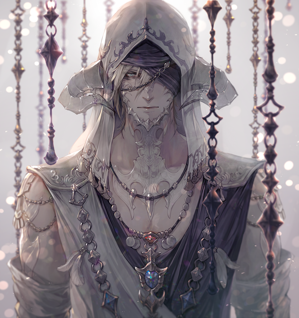 1boy au_ra blonde_hair blue_eyes blurry blurry_background chest closed_mouth commentary_request detached_hood detached_sleeves dragon_horns expressionless feathers final_fantasy final_fantasy_xiv hair_between_eyes hood hood_up horns jewelry lips looking_at_viewer male_focus necklace one_eye_covered pendant scales senano-yu shirt solo turban upper_body