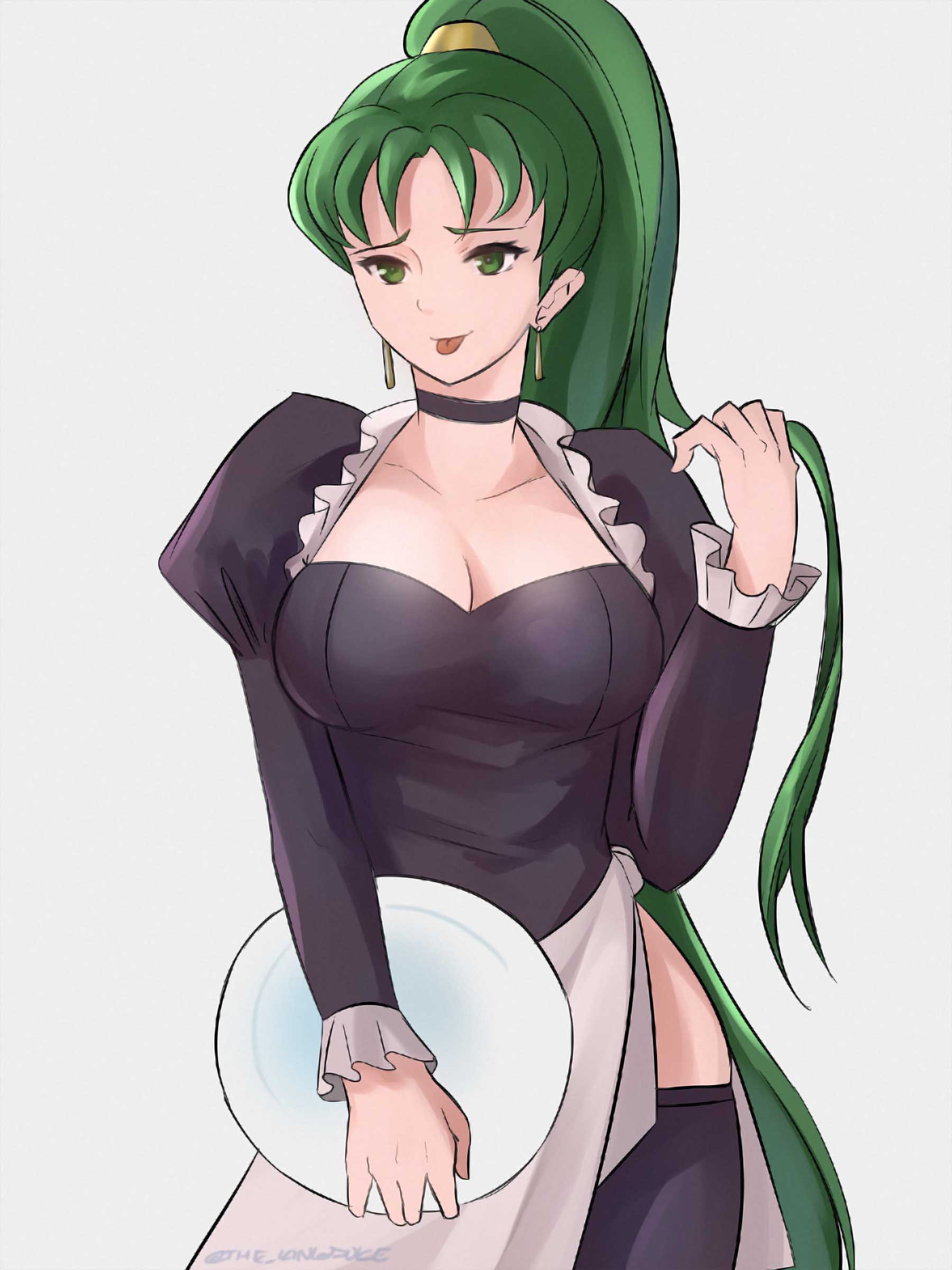 1girl absurdres alternate_costume black_legwear breasts choker cleavage earrings fire_emblem fire_emblem:_rekka_no_ken green_eyes green_hair grey_background highres holding holding_plate jewelry long_hair long_sleeves lyndis_(fire_emblem) maid medium_breasts nintendo plate ponytail simple_background solo the_kingduke tongue tongue_out twitter_username