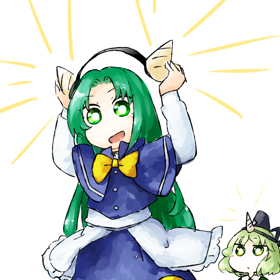 1girl 2girls blue_cape blue_capelet blue_shirt blue_skirt bow bowtie cape capelet dress fake_horns green_eyes green_hair hat long_hair long_sleeves mima multiple_girls open_mouth ribbon shirt short_hair skirt skirt_set smile soga_no_tojiko solo tate_eboshi touhou wily_beast_and_weakest_creature yaise yellow_bow yellow_neckwear