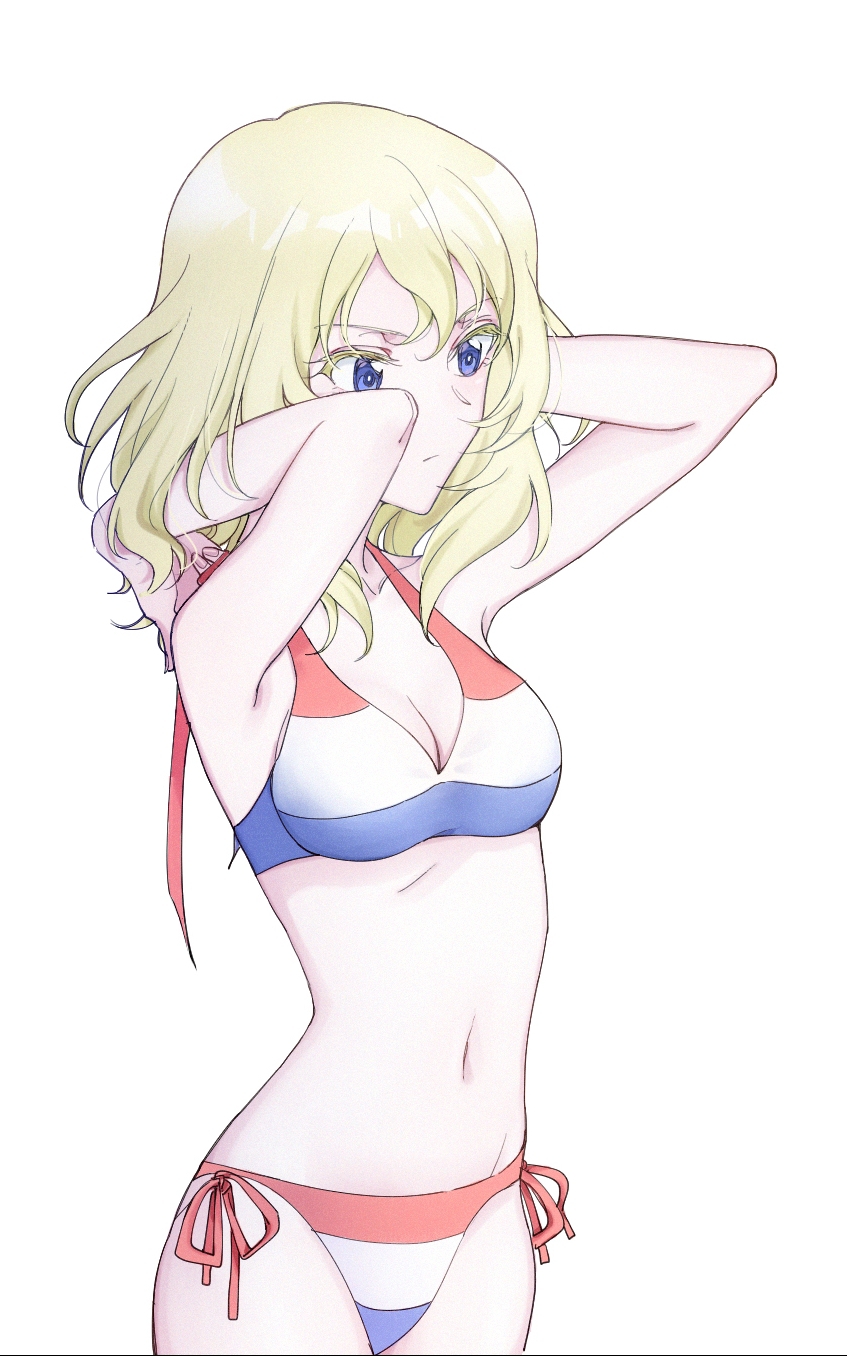 1girl adjusting_hair april_tada arms_up bangs bikini blonde_hair breasts cleavage closed_mouth commentary cowboy_shot eyelashes flag_print french_flag french_flag_bikini frown girls_und_panzer highres medium_breasts medium_hair messy_hair navel oshida_(girls_und_panzer) side-tie_bikini simple_background solo swimsuit white_background