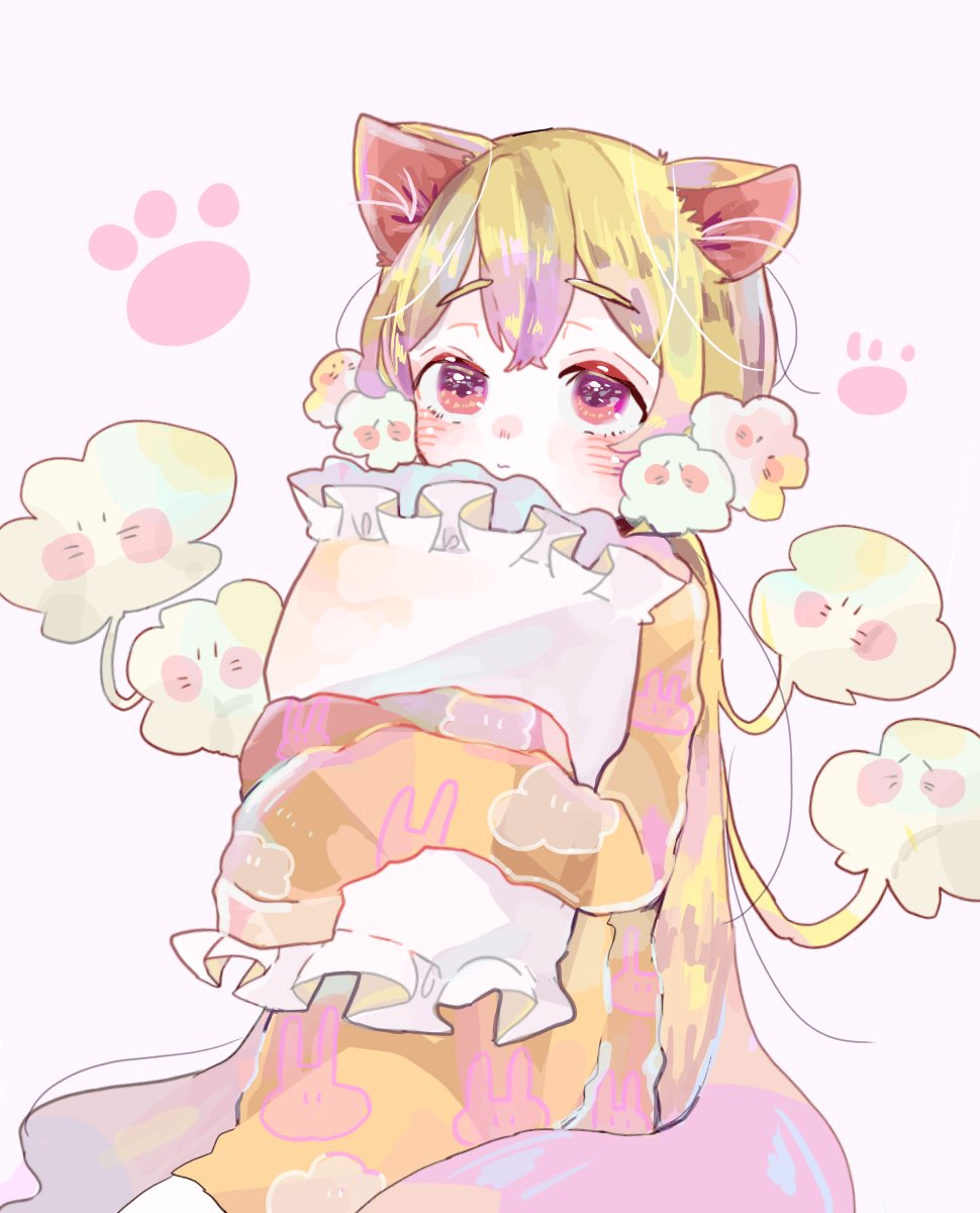 1girl animal_ears bangs blonde_hair blush cat_day cat_ears copyright_request eyebrows_visible_through_hair frilled_pillow frills gradient_hair hanataro_(sruvhqkehy1zied) highres holding holding_pillow long_hair long_sleeves multicolored_hair object_hug pillow pink_eyes purple_background purple_hair sleeves_past_wrists solo upper_body very_long_hair