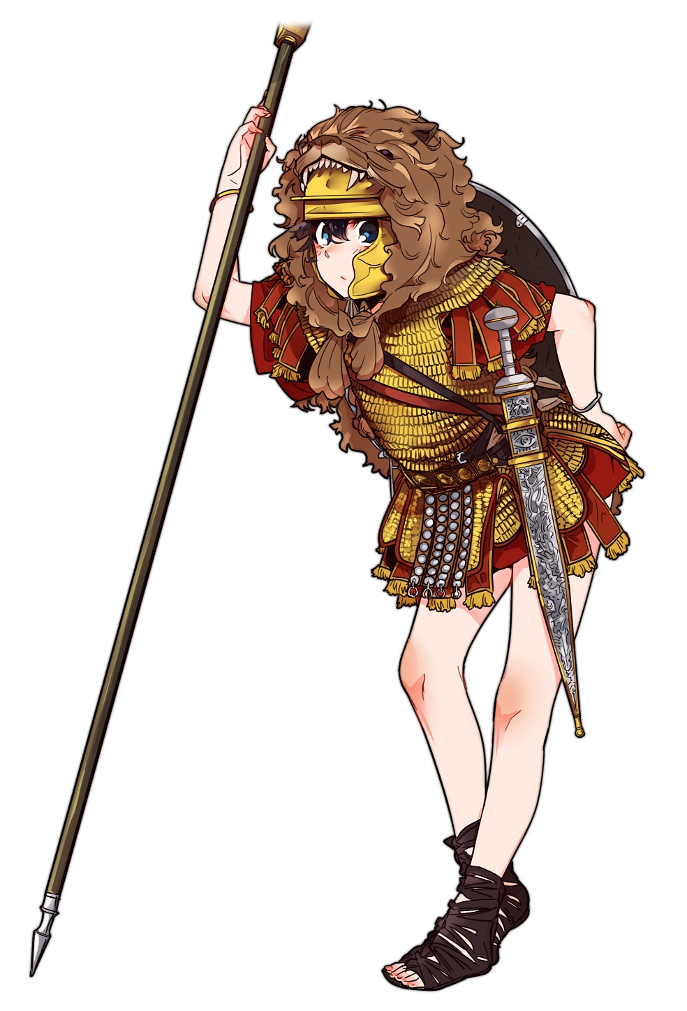 1girl armor bitchcraft123 black_hair blue_eyes full_body gladius helmet highres holding holding_spear holding_weapon lion_pelt looking_at_viewer original polearm roman_empire sandals scabbard sheath sheathed shield solo spear weapon white_background