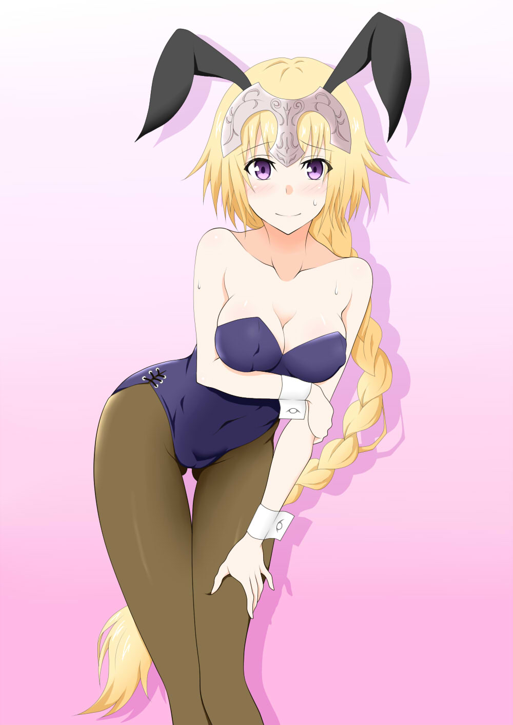 1girl animal_ears bare_arms bare_shoulders blonde_hair blush braid breasts bunny_girl bunnysuit cleavage collarbone commentary_request fate/grand_order fate_(series) feet_out_of_frame headpiece highres jeanne_d'arc_(fate) jeanne_d'arc_(fate)_(all) kashiwagi leaning_forward long_hair looking_at_viewer medium_breasts pantyhose rabbit_ears single_braid smile solo standing sweatdrop very_long_hair violet_eyes wrist_cuffs