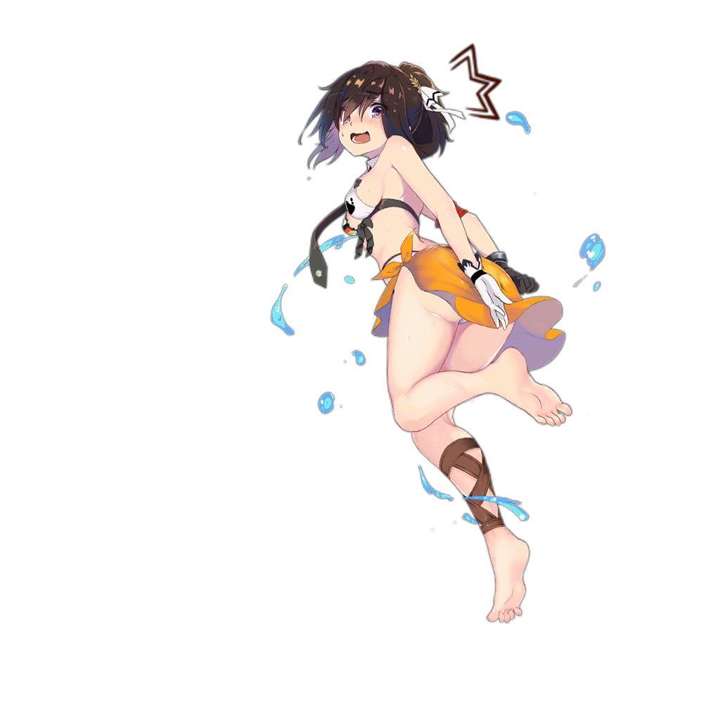 1girl :3 alternate_costume alternate_hairstyle armband ass bangs bare_shoulders barefoot between_breasts bikini black_gloves black_neckwear blush breasts brown_hair covering covering_ass damaged detached_collar eyebrows_visible_through_hair feet flag_print food frilled_bikini_bottom full_body german_flag_bikini girls_frontline gloves hair_between_eyes hair_ribbon hair_up hand_print leg_up long_hair looking_at_viewer medium_breasts navel necktie necktie_between_breasts official_art open_mouth p38_(girls_frontline) ribbon sandals sarong sideboob sidelocks skindentation solo sweatdrop swimsuit thigh_strap tori_(minamopa) torn_clothes transparent_background violet_eyes water_drop wet white_gloves