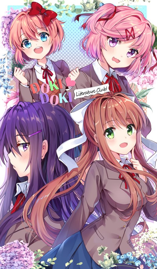 4girls :d bangs blue_eyes blue_skirt blush bow brown_hair chocho_(homelessfox) commentary_request copyright_name doki_doki_literature_club eyebrows_visible_through_hair fang flower flower_request green_eyes grey_jacket hair_between_eyes hair_bow hair_ornament hair_ribbon hairclip index_finger_raised jacket korean_commentary long_hair long_sleeves monika_(doki_doki_literature_club) multiple_girls natsuki_(doki_doki_literature_club) open_mouth pink_eyes pink_hair ponytail protagonist_(doki_doki_literature_club) purple_hair red_bow red_ribbon ribbon round_teeth sayori_(doki_doki_literature_club) shirt short_hair skin_fang skirt smile solo teeth two_side_up v-shaped_eyebrows very_long_hair violet_eyes white_ribbon white_shirt wing_collar
