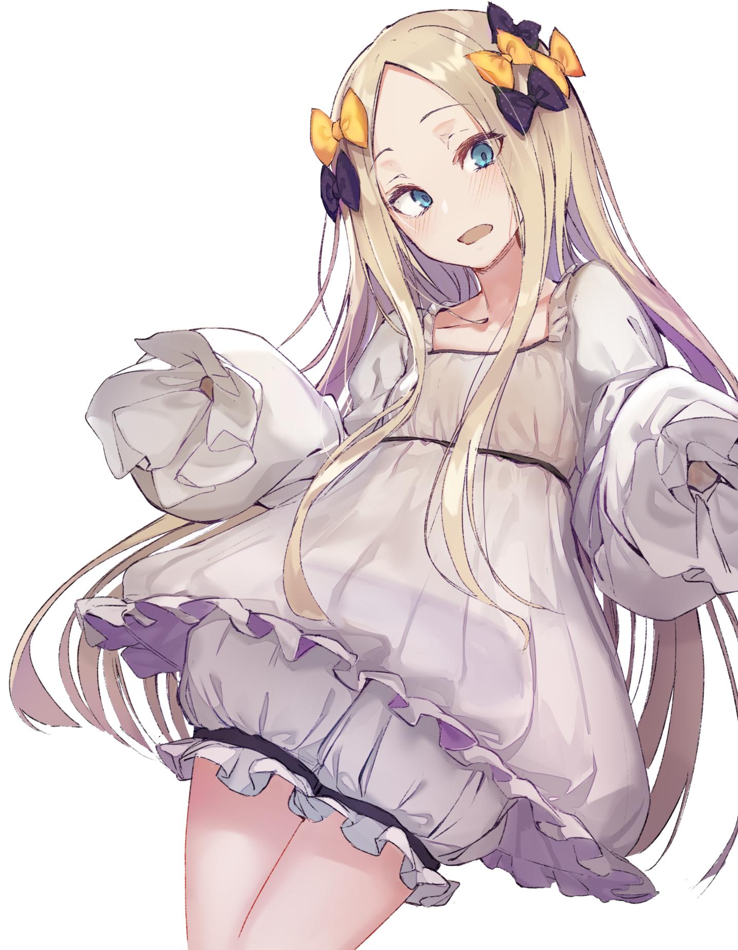 1girl abigail_williams_(fate/grand_order) akieda alternate_costume bangs black_bow blonde_hair blue_eyes blush bow collarbone commentary_request dress fate/grand_order fate_(series) frills hair_bow hair_ornament highres long_hair long_sleeves looking_at_viewer no_nose orange_bow parted_bangs simple_background sleeves_past_fingers sleeves_past_wrists solo white_background white_dress