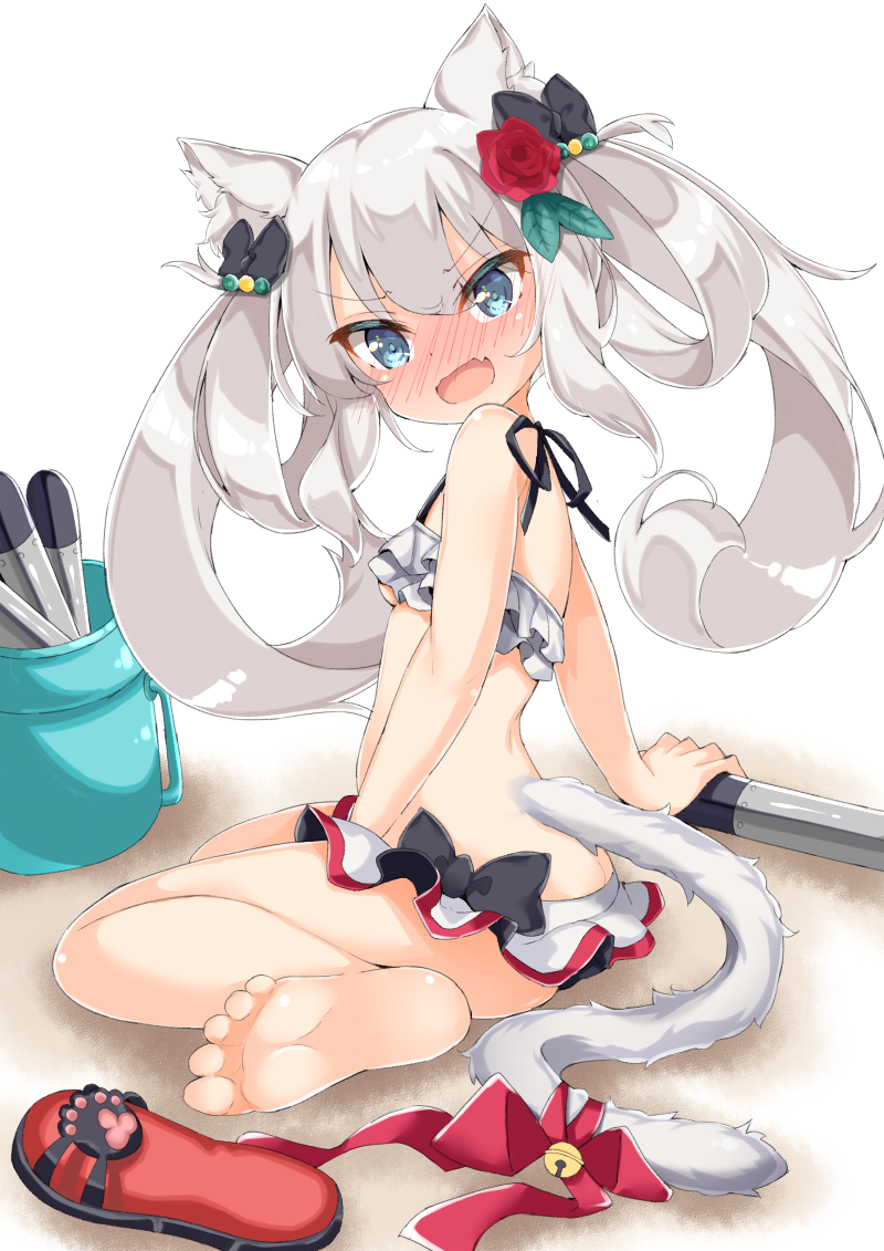 &gt;:o 1girl animal_ears ass azur_lane bare_arms bare_legs barefoot bikini blush breasts butt_crack cat_ears cat_girl eip_(pepai) eyebrows_visible_through_hair feet frilled_bikini frills frown full-face_blush hair_between_eyes hair_ribbon hammann_(azur_lane) layered_bikini long_hair looking_at_viewer midriff open_mouth ribbon shiny shiny_hair shoes_removed silver_hair small_breasts soles solo swimsuit toes torpedo twintails v-shaped_eyebrows white_bikini