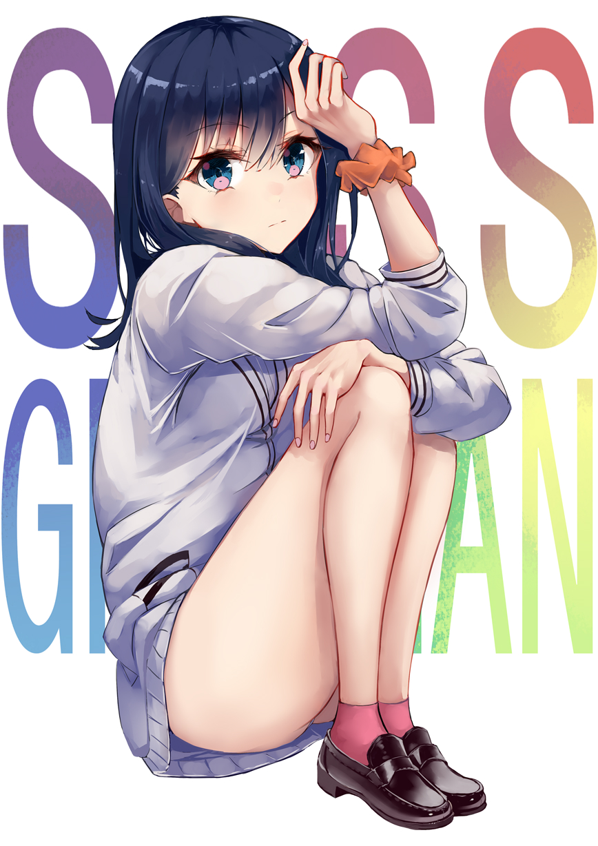 black_footwear blue_eyes blue_hair copyright_name dress eyebrows_visible_through_hair hair_between_eyes hand_on_own_knee highres kuronosu_(yamada1230) loafers long_hair long_sleeves looking_at_viewer orange_scrunchie pink_legwear scrunchie shiny shiny_hair shoes socks ssss.gridman sweater sweater_dress takarada_rikka white_sweater wrist_scrunchie