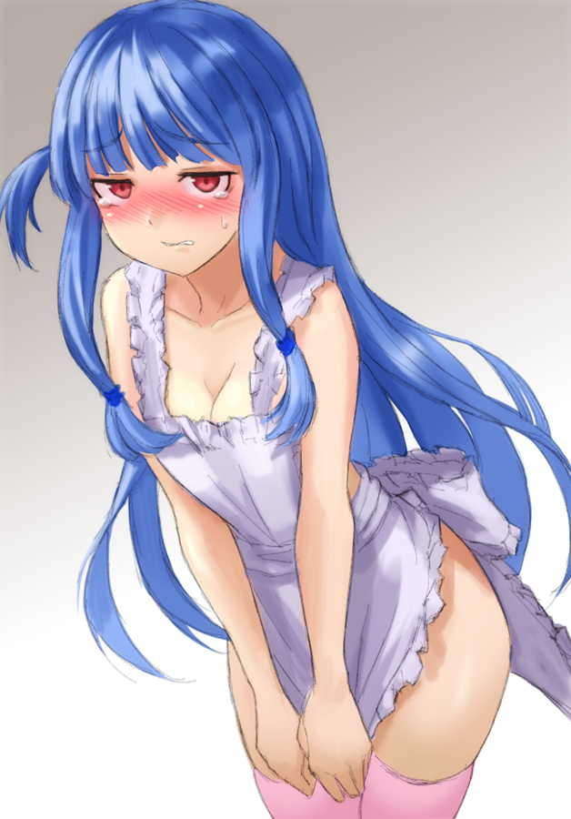 1girl apron bangs blue_hair blush breasts cleavage collarbone cowboy_shot eyebrows_visible_through_hair furrowed_eyebrows gradient gradient_background kotonoha_aoi kurione_(zassou) legs_together long_hair looking_at_viewer maid_apron medium_breasts naked_apron nose_blush one_side_up pink_legwear red_eyes solo straight_hair tears thigh-highs v_arms voiceroid white_apron