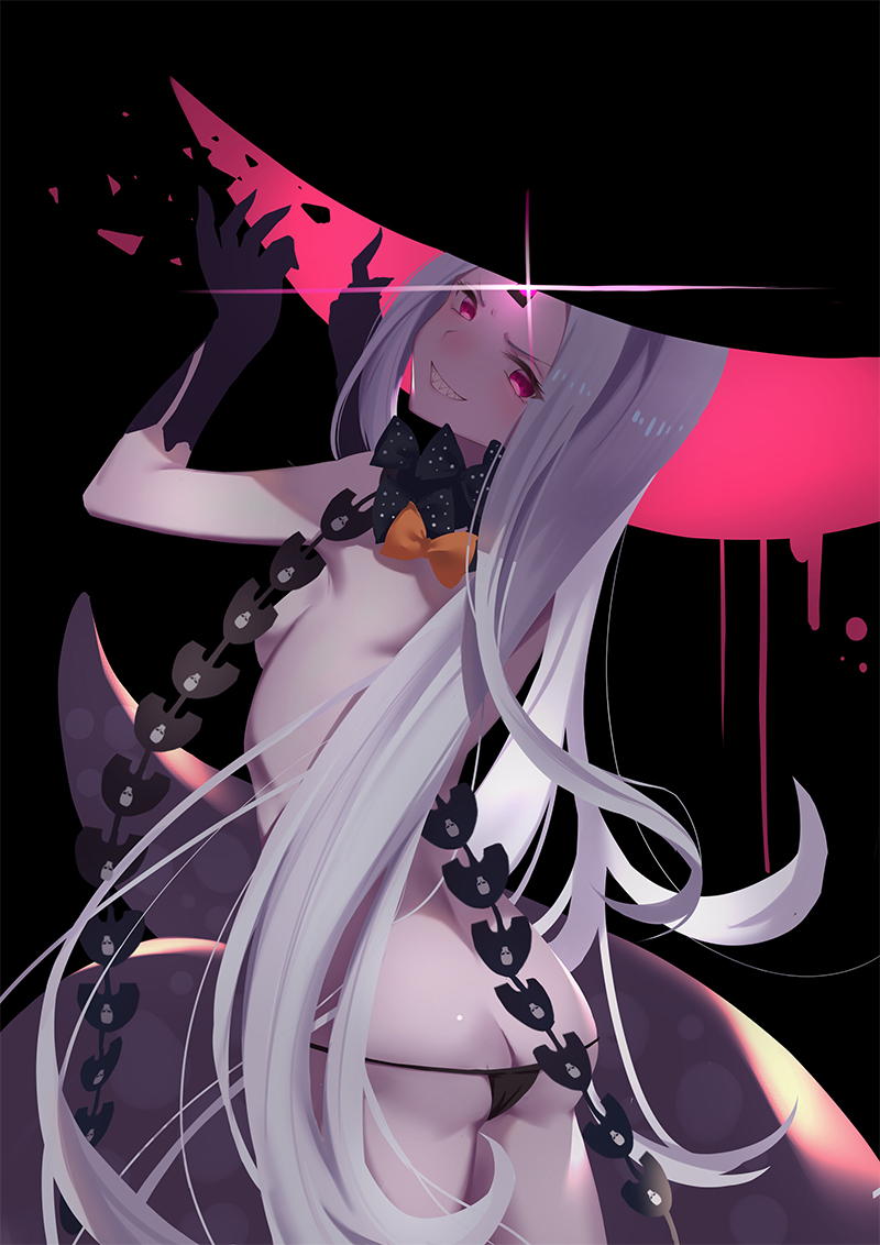 1girl abigail_williams_(fate/grand_order) ass bangs black_bow black_headwear black_panties bow breasts commentary_request fate/grand_order fate_(series) from_behind gloves hat keyhole long_hair looking_at_viewer orange_bow panties parted_bangs polka_dot polka_dot_bow red_eyes small_breasts smile solo tentacle underwear very_long_hair white_hair white_skin witch_hat yukiyama_momo