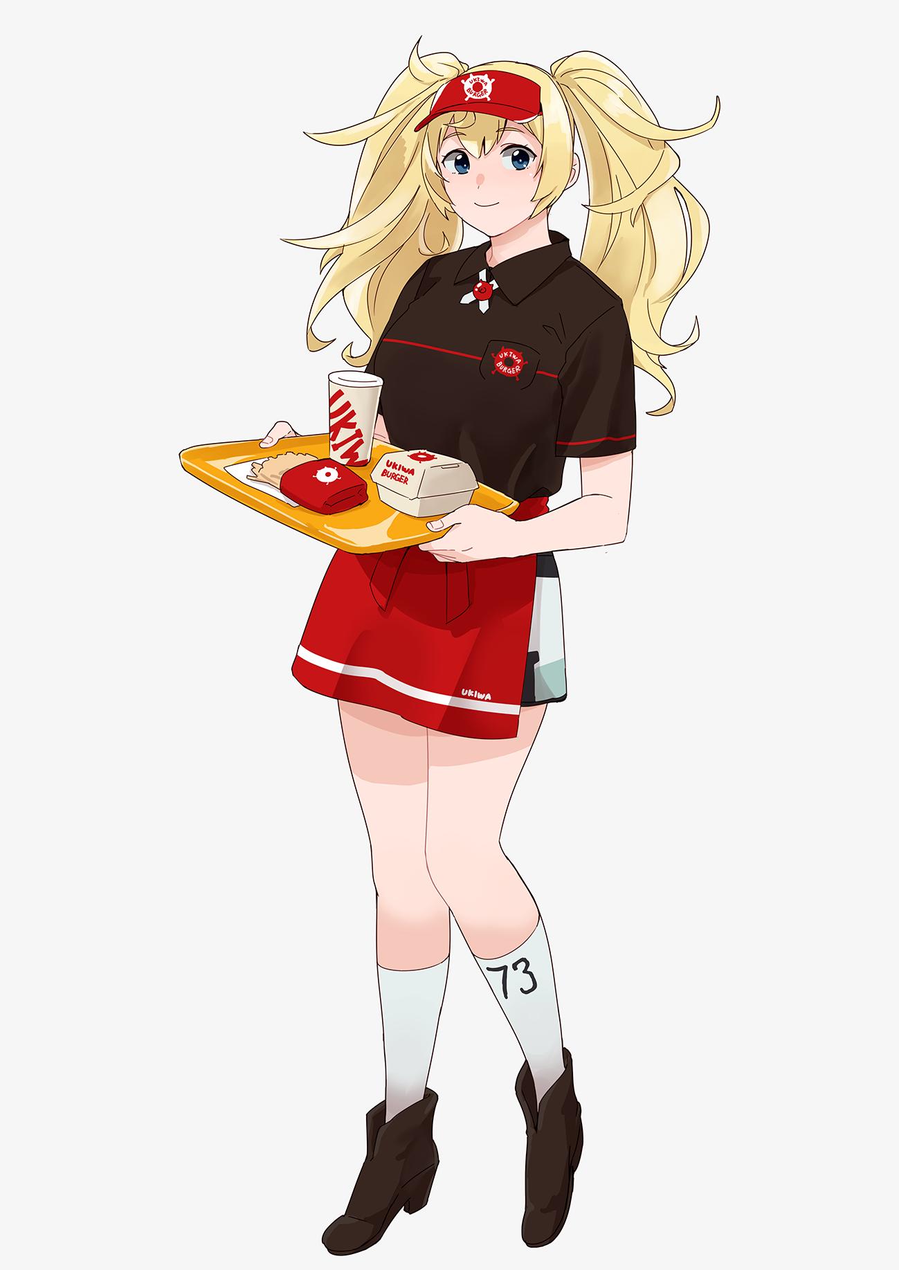 1girl alternate_costume apron bangs blonde_hair blue_eyes boots breasts closed_mouth clothes_writing collared_shirt commentary employee_uniform enemy_lifebuoy_(kantai_collection) eyebrows_visible_through_hair fast_food fast_food_uniform food french_fries gambier_bay_(kantai_collection) hair_between_eyes hamburger high_heel_boots high_heels highres holding holding_tray kantai_collection kneehighs long_hair looking_at_viewer multicolored multicolored_clothes ojipon shirt short_sleeves simple_background skirt smile solo standing symbol_commentary t-shirt tray twintails uniform visor_cap waist_apron white_legwear