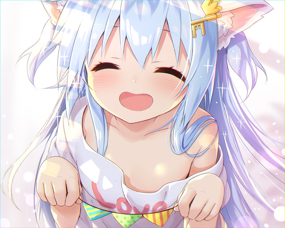 :d ^_^ animal_ear_fluff animal_ears blue_hair blush cat_ears closed_eyes eyebrows_visible_through_hair facing_viewer flat_chest hair_ornament hair_over_shoulder happy key_hair_ornament light_blue_hair light_particles light_rays loli long_hair mint_(yano_mitsuki) open_mouth original oversized_clothes paw_pose shirt smile source_request white_background white_shirt yano_mitsuki