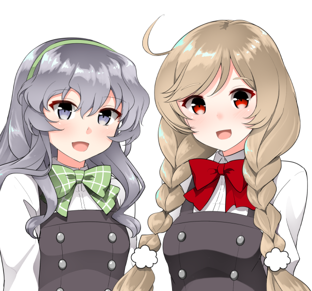 2girls alternate_costume black_dress bow bowtie braid breasts buttons cloud_hair_ornament collared_shirt dress eyebrows_visible_through_hair gradient_hair green_hairband grey_eyes hair_between_eyes hair_ornament hairband kantai_collection kirigakure_(kirigakure_tantei_jimusho) light_brown_hair long_hair long_sleeves looking_at_viewer minegumo_(kantai_collection) multicolored_hair multiple_girls neck_ribbon pinafore_dress red_eyes red_neckwear red_ribbon remodel_(kantai_collection) ribbon school_uniform shirt silver_hair sleeveless sleeveless_dress small_breasts twin_braids upper_body wavy_hair white_shirt yamagumo_(kantai_collection)