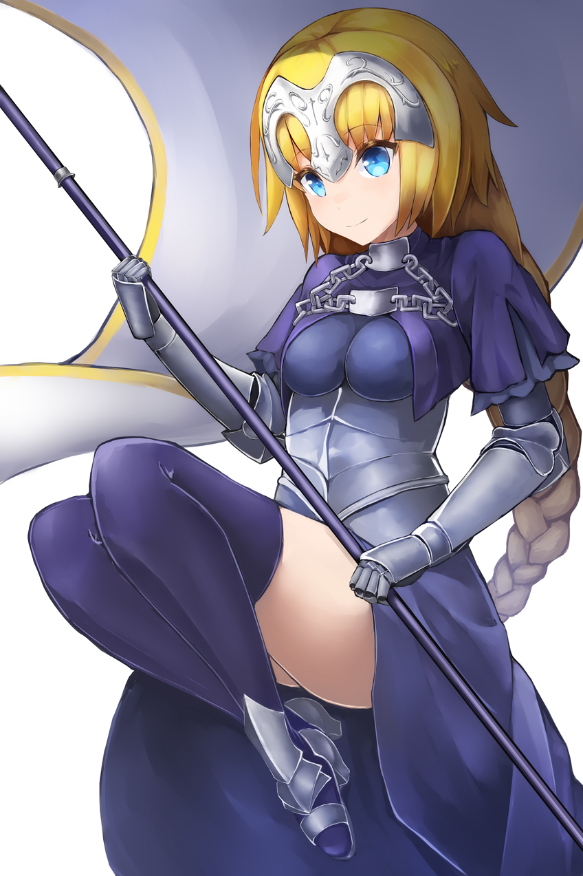 1girl armor armored_dress banner blonde_hair blue_dress blue_eyes blue_legwear braid braided_ponytail breasts breasts_apart dress eyebrows_visible_through_hair fate/apocrypha fate_(series) full_body gauntlets highres holding jeanne_d'arc_(fate) jeanne_d'arc_(fate)_(all) kuronosu_(yamada1230) long_hair looking_at_viewer medium_breasts single_braid smile solo thigh-highs very_long_hair white_background zettai_ryouiki