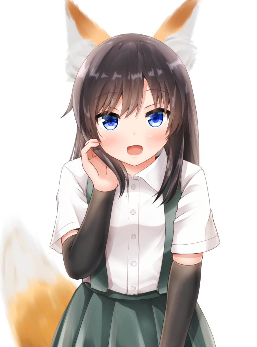 1girl animal_ears arm_warmers asashio_(kantai_collection) black_hair blue_eyes comiching commentary_request cowboy_shot eyebrows_visible_through_hair fox_ears fox_tail highres kantai_collection kemonomimi_mode long_hair looking_at_viewer open_mouth pleated_skirt school_uniform shirt short_sleeves simple_background skirt smile solo standing suspender_skirt suspenders tail white_background white_shirt