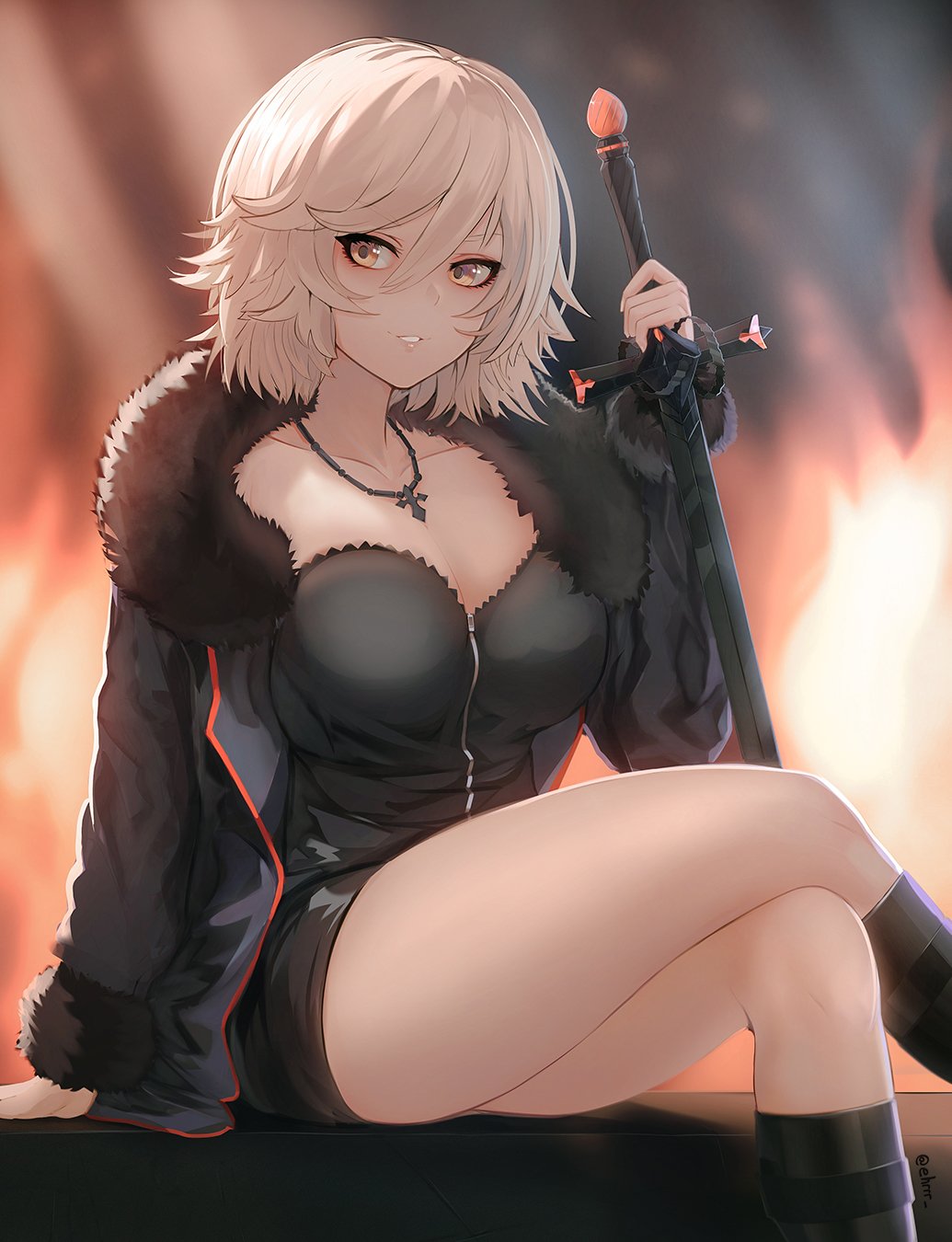1girl bangs black_dress black_footwear black_jacket boots breasts collarbone commentary dress ehrrr english_commentary fate/grand_order fate_(series) feet_out_of_frame fire fur_trim hair_between_eyes hand_up highres holding holding_sword holding_weapon jacket jeanne_d'arc_(alter)_(fate) jeanne_d'arc_(fate)_(all) jewelry large_breasts legs_crossed long_sleeves looking_at_viewer necklace parted_lips short_dress short_hair silver_hair sitting smile solo sword thighs weapon wicked_dragon_witch_ver._shinjuku_1999 yellow_eyes