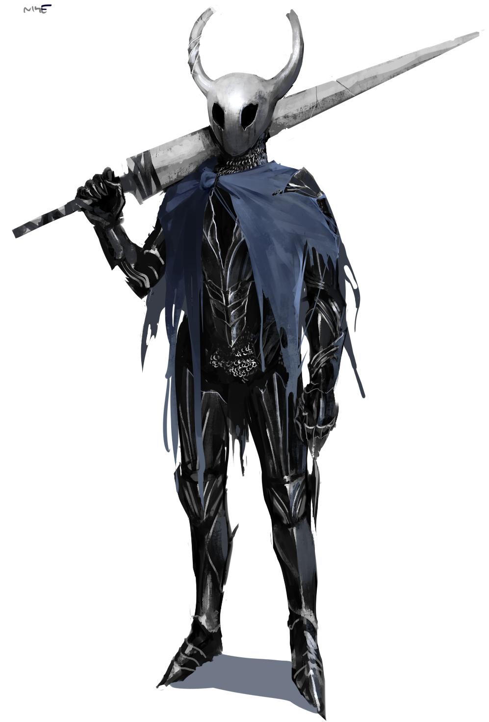 1other armor black_armor blue_cloak chainmail cloak commentary english_commentary eye_socket full_armor gauntlets helmet highres holding holding_weapon hollow_knight horned_helmet humanization knight_(hollow_knight) nisetanaka over_shoulder realistic solo sword torn_cloak torn_clothes weapon weapon_over_shoulder white_background