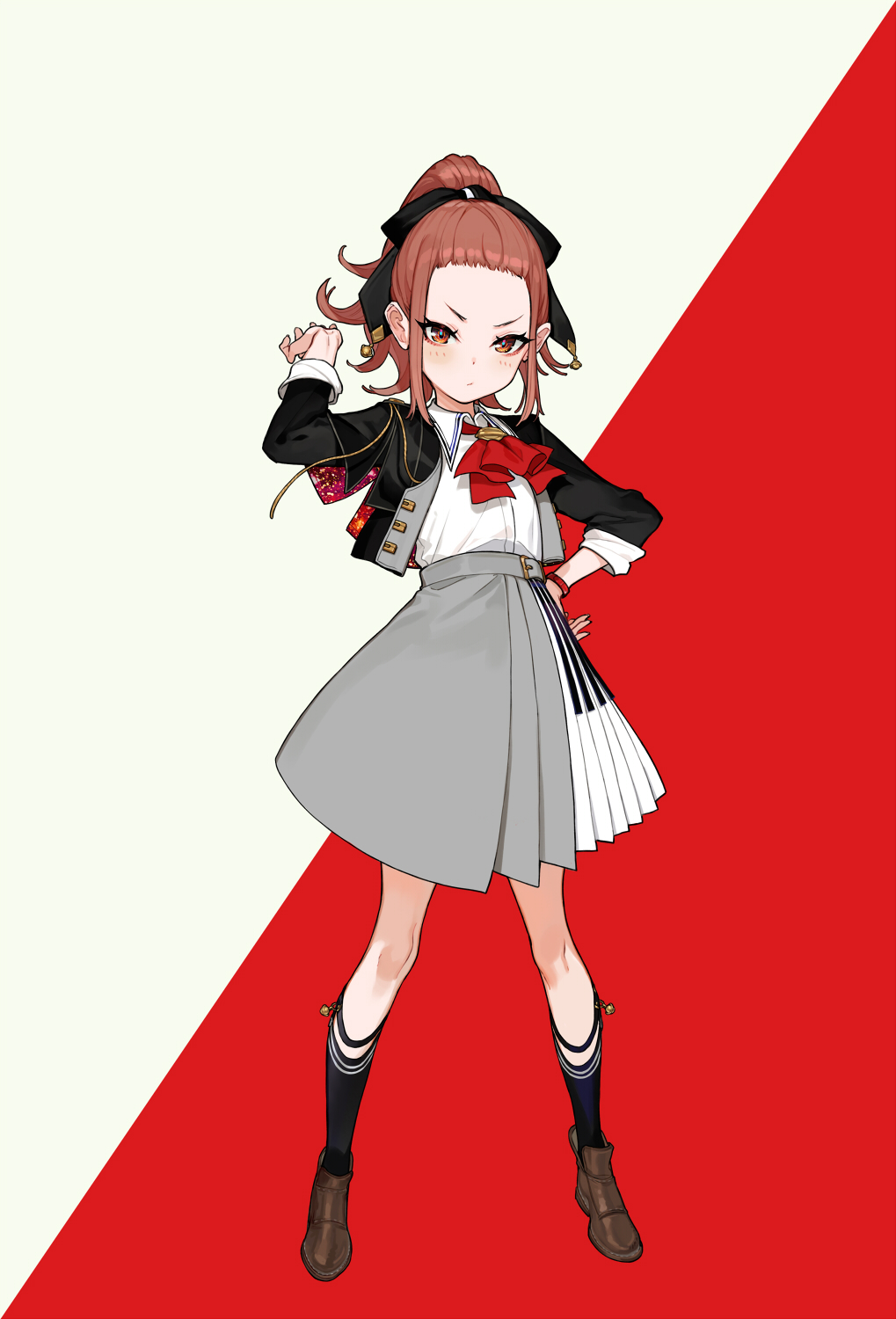 1girl black_bow black_jacket black_legwear boots bow brown_footwear brown_hair collared_shirt cropped_jacket dress_shirt forehead full_body grey_background grey_skirt hair_bow hand_up high-waist_skirt high_ponytail highres jacket kaname_mahiro_channel kneehighs long_sleeves looking_at_viewer official_art piano_print pleated_skirt ponytail red_background red_eyes red_neckwear shirt skirt solo standing touma_rin two-tone_background v-shaped_eyebrows virtual_youtuber white_shirt yuu_(higashi_no_penguin)