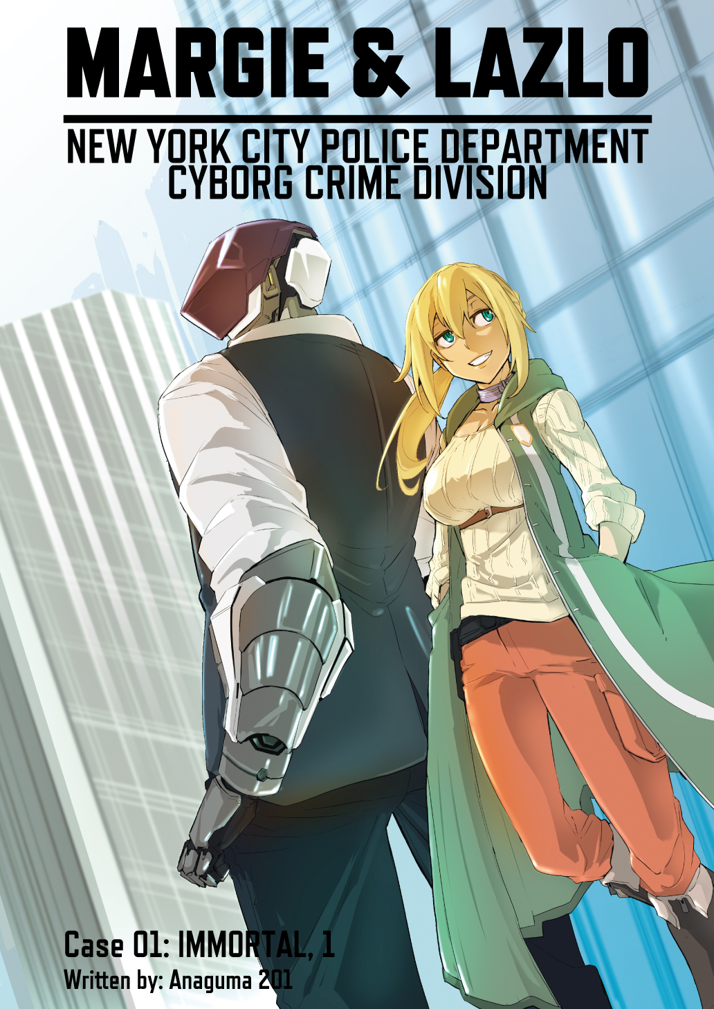 1boy 1girl anaguma_201 aqua_eyes artist_name back-to-back belt blonde_hair boots breasts brown_footwear building cargo_pants choker commentary_request cover cover_image cyberpunk cyborg english_text grin hands_in_pockets height_difference highres holster knee_boots large_breasts long_coat looking_to_the_side low_ponytail new_york new_york_city_police_department original pants purple_choker red_pants ribbed_sweater shirt shoulder_holster skyscraper sleeves_pushed_up smile sweater vest white_shirt