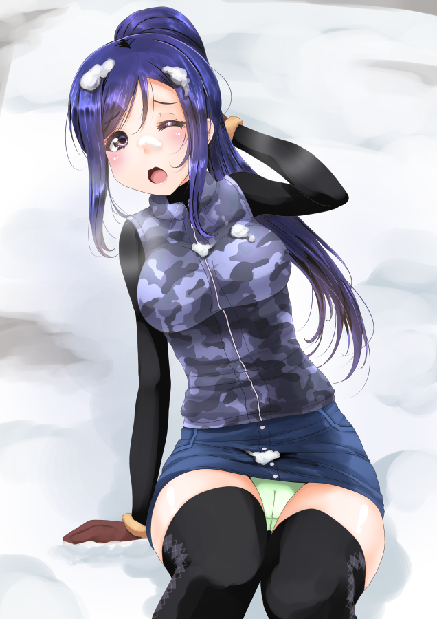 1girl black_legwear blue_hair breasts brown_hair camouflage frapowa green_panties large_breasts love_live! love_live!_school_idol_project matsuura_kanan open_mouth panties pantyshot pantyshot_(sitting) sitting snow solo thigh-highs thighs underwear vest