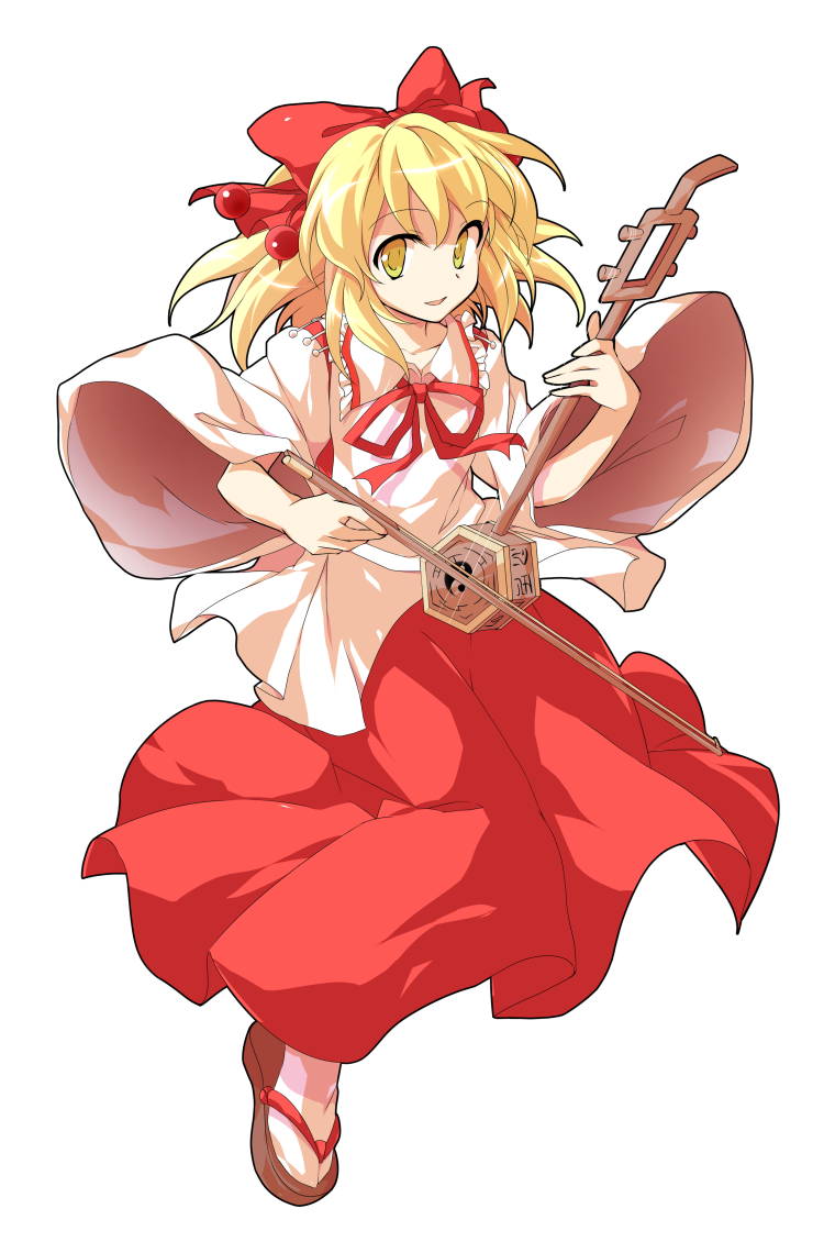 1girl alphes_(style) blonde_hair bow commentary_request dairi erhu eyebrows_visible_through_hair hair_bow hair_ornament holding holding_instrument instrument long_skirt looking_at_viewer medium_hair music parody playing_instrument red_bow red_ribbon red_skirt ribbon sandals satsuki_rin skirt smile solo style_parody tabi tachi-e touhou transparent_background wide_sleeves yellow_eyes yellow_pupils zouri