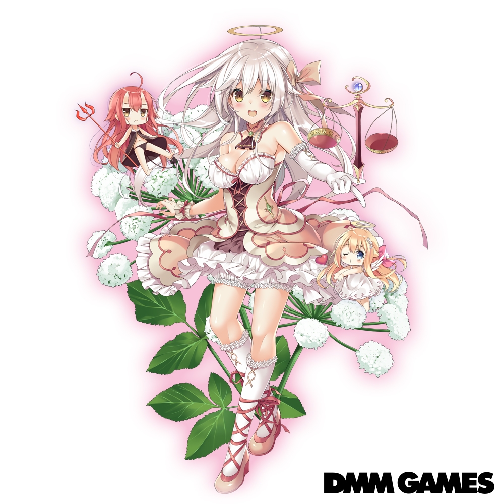 3girls ahoge angel_wings angelica_(flower_knight_girl) bare_shoulders blonde_hair blue_eyes blush bow breasts brown_eyes cleavage copyright_name dmm floral_background flower_knight_girl full_body hair_bow hair_ribbon halo horns large_breasts long_hair looking_at_viewer multiple_girls official_art one_eye_closed open_mouth pink_bow pitchfork redhead ribbon scales silver_hair smile standing tagme white_background wings yellow_eyes