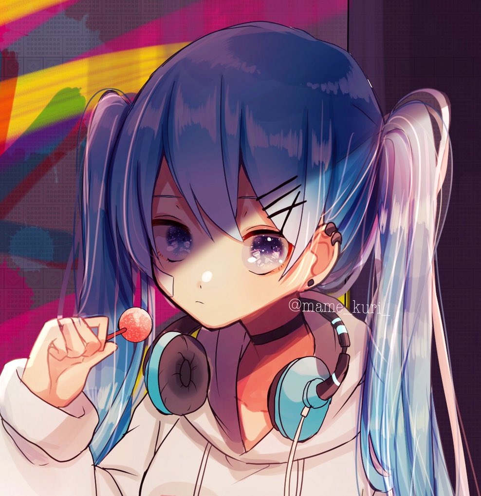 artist_name bandage bandage_on_face bangs beige_hoodie beige_sweater blue_hair candy clenched_hand collar commentary earpiece earrings food hair_ornament hairclip hatsune_miku headphones headphones_around_neck holding_lollipop hood hooded_sweater hoodie jewelry lollipop long_hair looking_at_viewer mame_kuri multicolored multicolored_background serious shiny shiny_clothes shiny_hair shiny_skin sparkling_eyes sweater twintails very_long_hair violet_eyes vocaloid