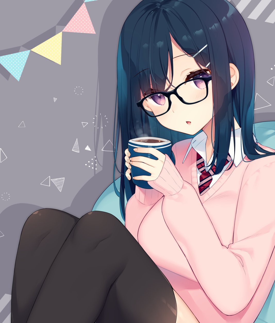 1girl :o bekotarou black-framed_eyewear black_hair black_legwear breasts coffee coffee_mug collared_shirt commentary_request cup glasses hair_ornament hairclip hands_up highres holding holding_cup knees_up large_breasts long_hair long_sleeves looking_at_viewer mug necktie original parted_lips pink_sweater red_neckwear school_uniform shadow shirt sidelocks sitting sleeves_past_wrists solo steam striped striped_neckwear sweater thigh-highs undershirt violet_eyes white_shirt